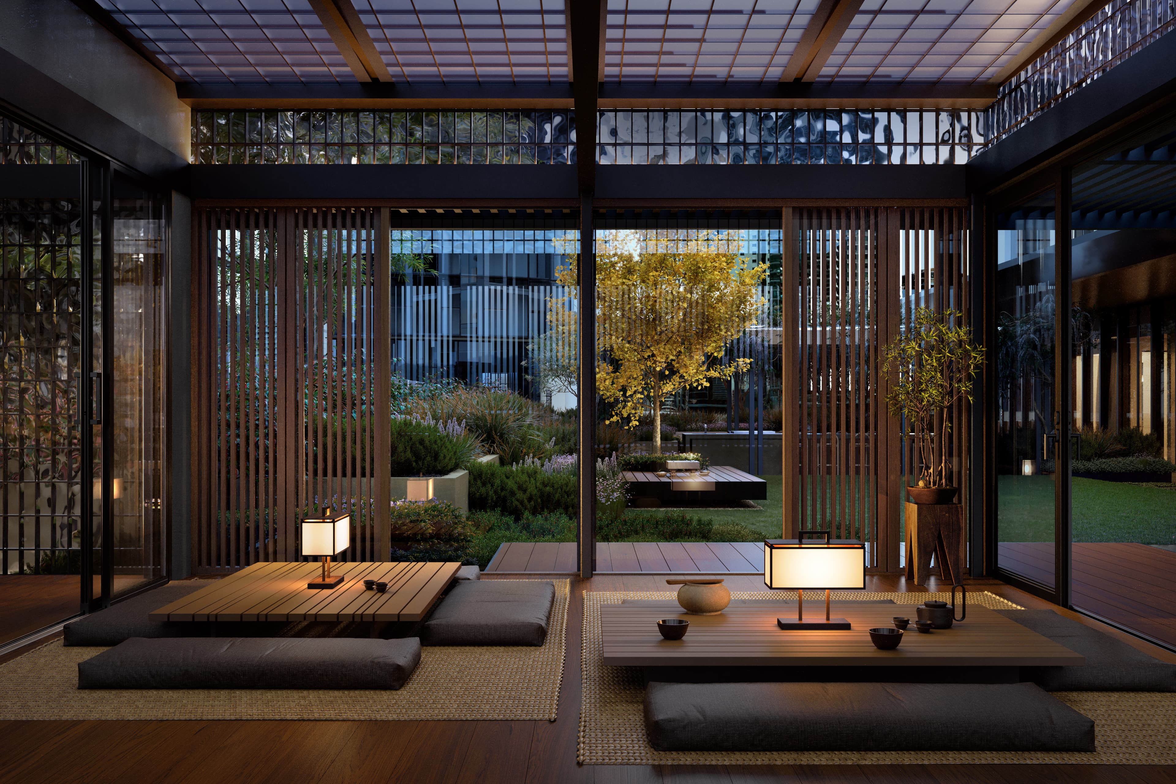 Aura Level 7 gardens Japanese pavilion interior