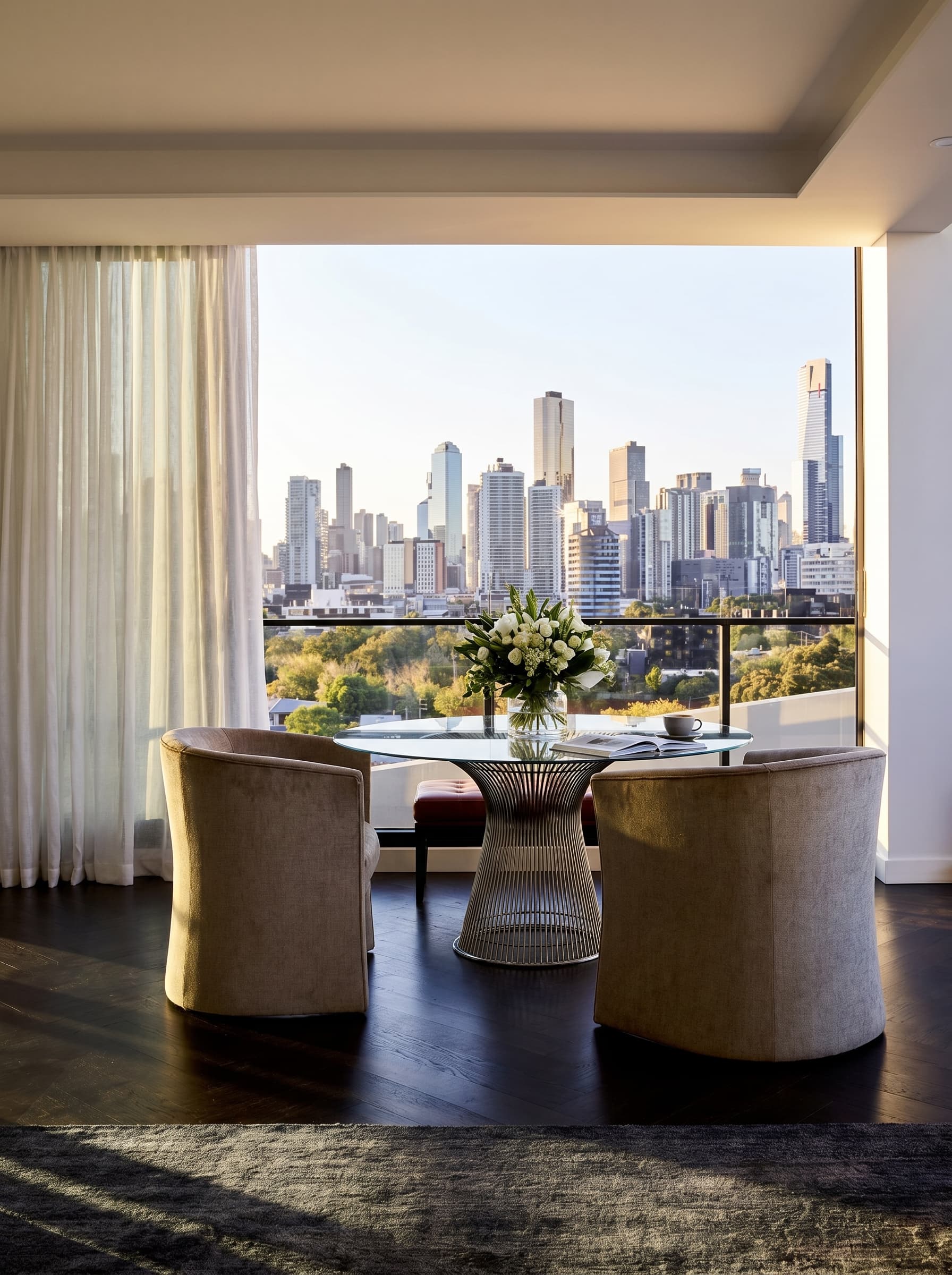 Modern apartment living with city skyline views
