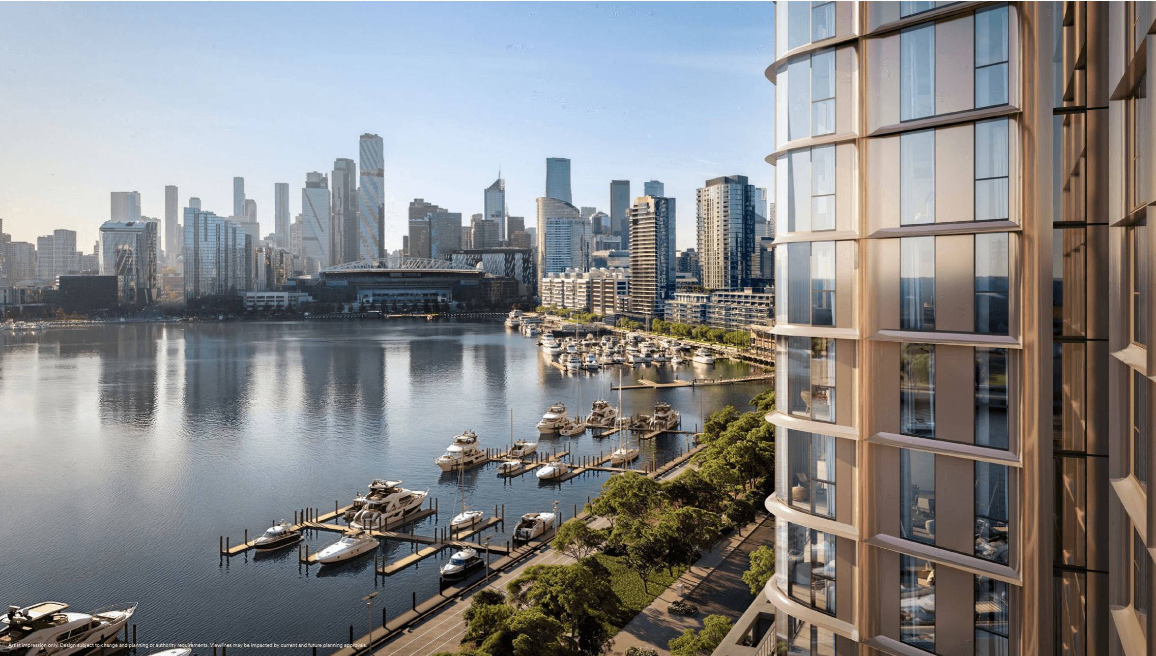 Aluna at Collins Wharf overlooking the marina and Melbourne skyline