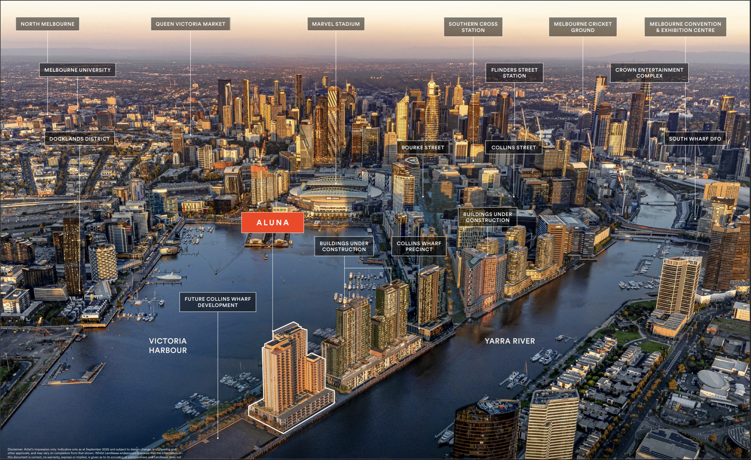 Aerial view of Aluna at Collins Wharf within the Melbourne precinct