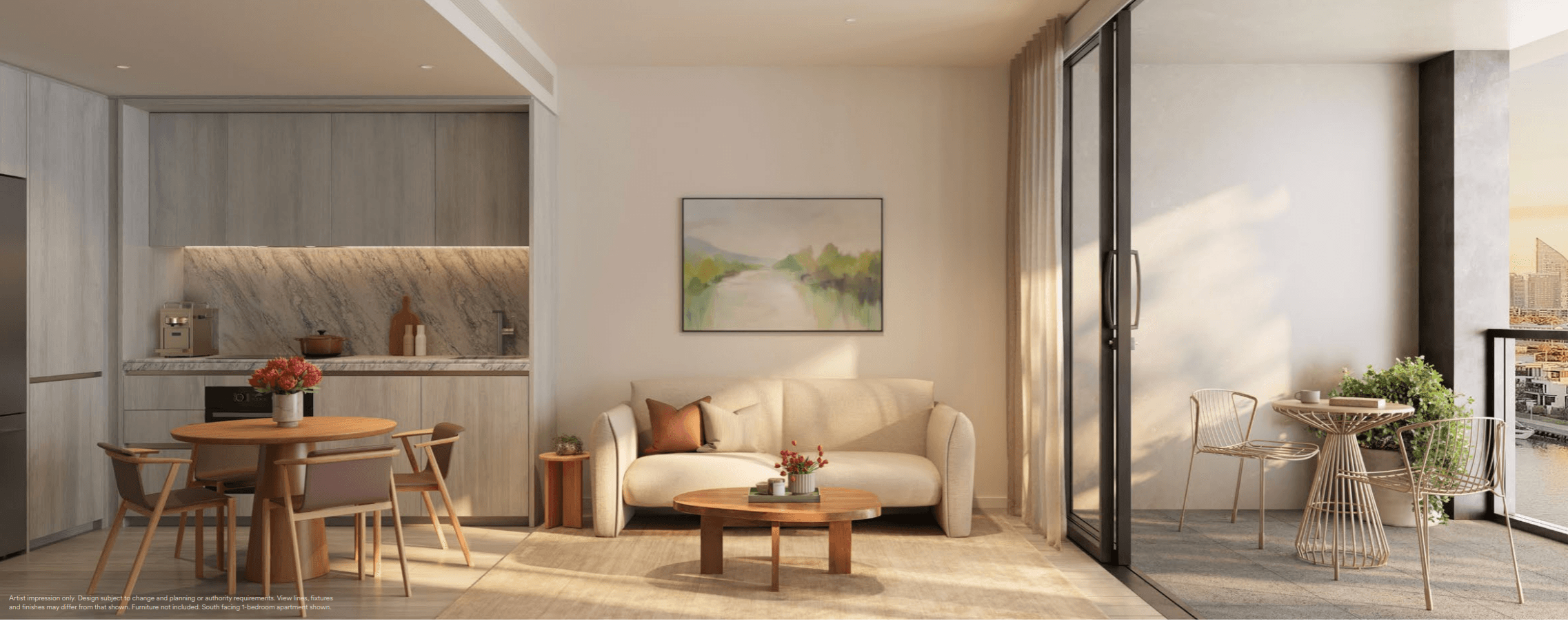 Aluna living space opening onto a waterfront balcony